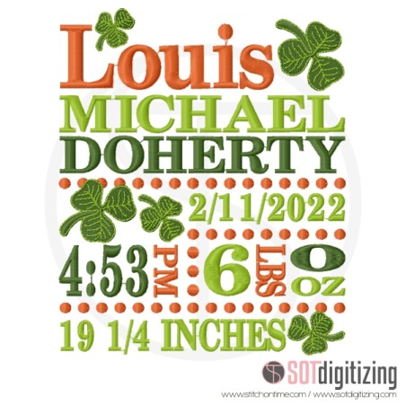 Birth Stats with Shamrocks Made to Order