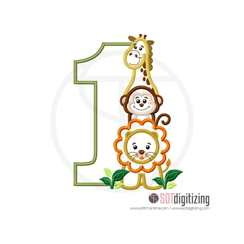 1054 BIRTHDAY : 1 with Giraffe, Monkey and Lion Applique