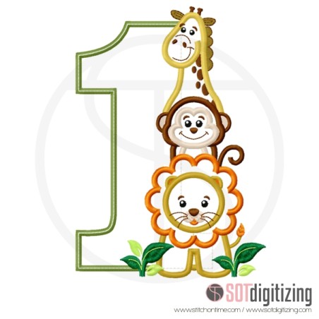 1054 BIRTHDAY : 1 with Giraffe, Monkey and Lion Applique